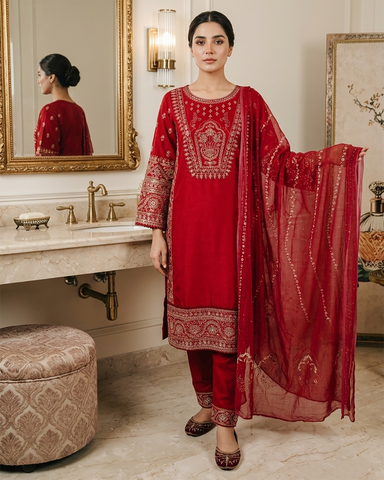 Designer Three Piece | Embroidered - Hoorain | Premium Plain Lawn