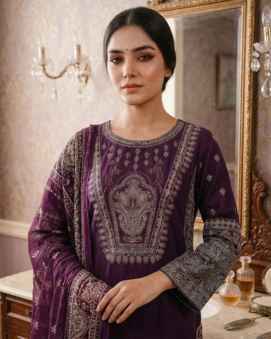 Designer Three Piece | Embroidered - Hoorain | Premium Plain Lawn