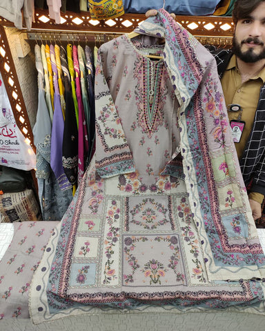 Digital Printed Three Piece | Long A/Line Shirt | Winter Khaddar