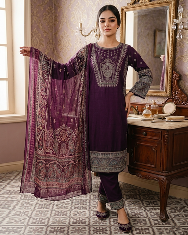 Designer Three Piece | Embroidered - Hoorain | Premium Plain Lawn