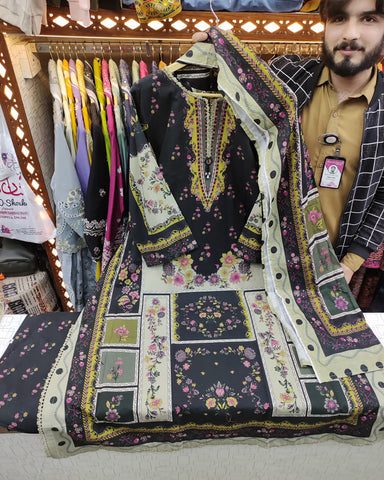 Digital Printed Three Piece | Long A/Line Shirt | Winter Khaddar