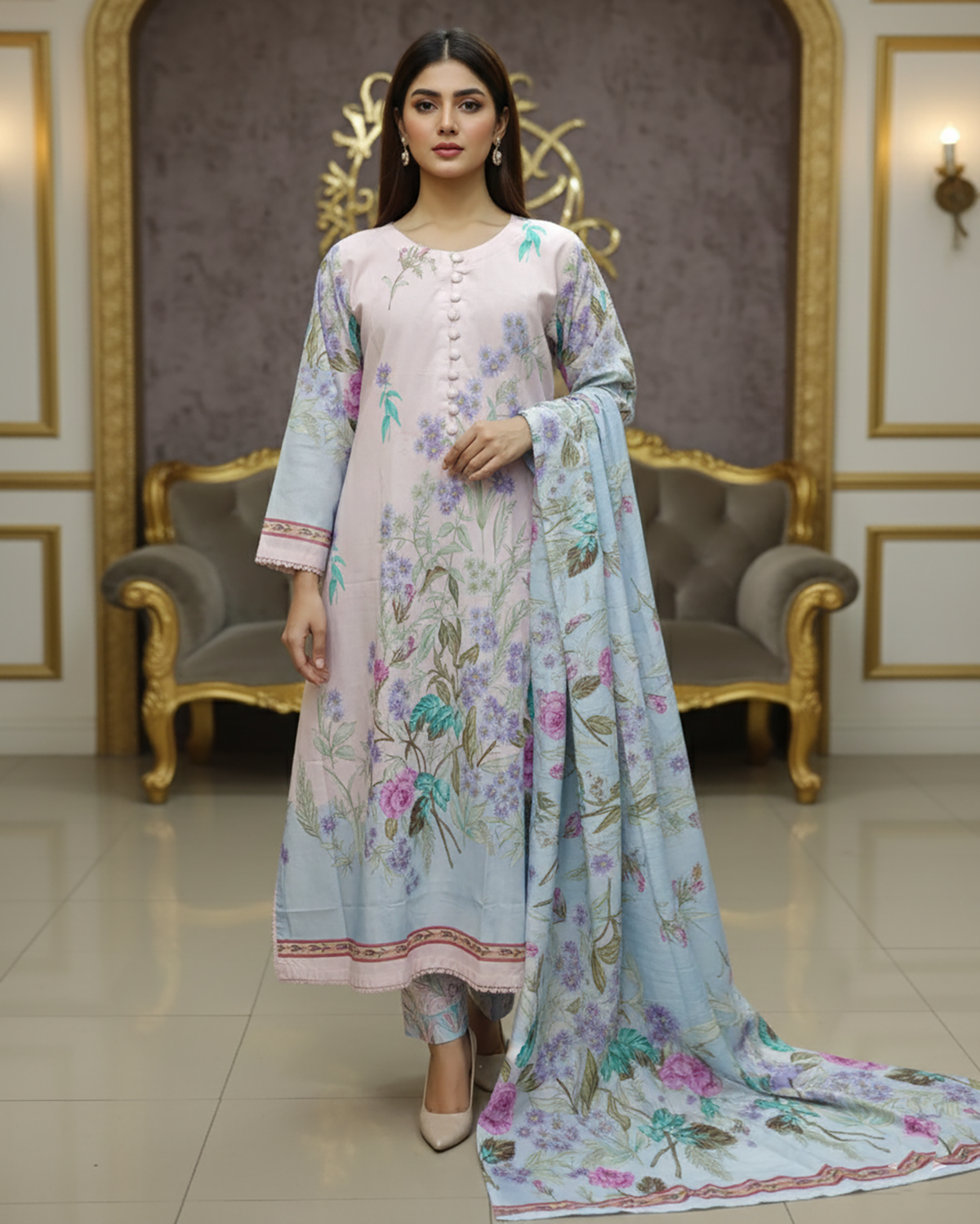 Digital Printed Three Piece | Long A/Line Shirt | Winter Khaddar