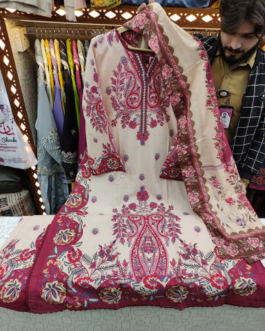 Digital Printed Three Piece | Long A/Line Shirt | Winter Khaddar