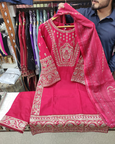 Designer Three Piece | Embroidered - Hoorain | Premium Plain Lawn