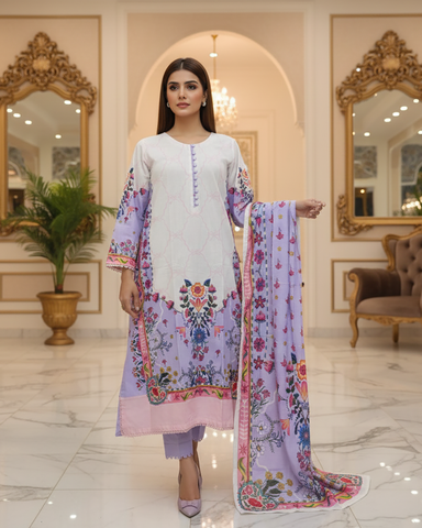 Digital Printed Three Piece | Long A/Line Shirt | Winter Khaddar