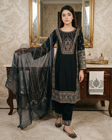 Designer Three Piece | Embroidered - Hoorain | Premium Plain Lawn