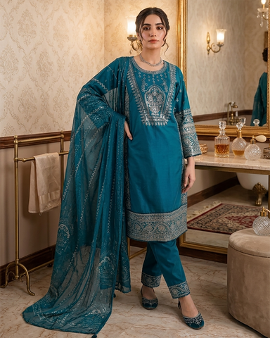 Designer Three Piece | Embroidered - Hoorain | Premium Plain Lawn