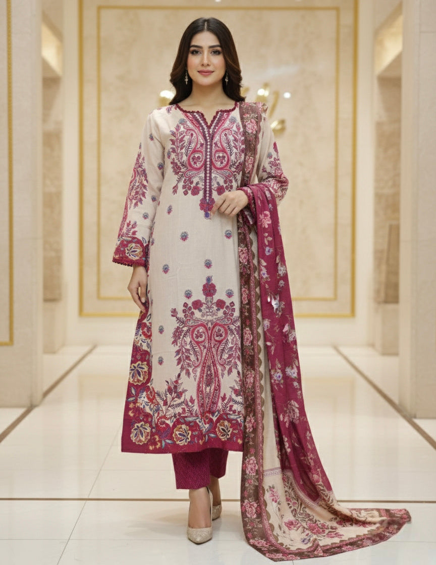 Digital Printed Three Piece | Long A/Line Shirt | Winter Khaddar