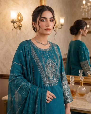Designer Three Piece | Embroidered - Hoorain | Premium Plain Lawn