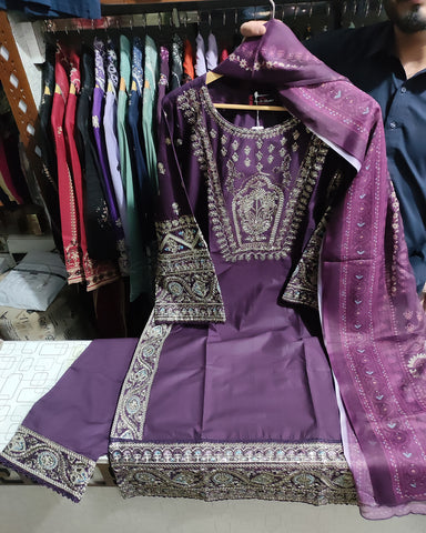 Designer Three Piece | Embroidered - Hoorain | Premium Plain Lawn