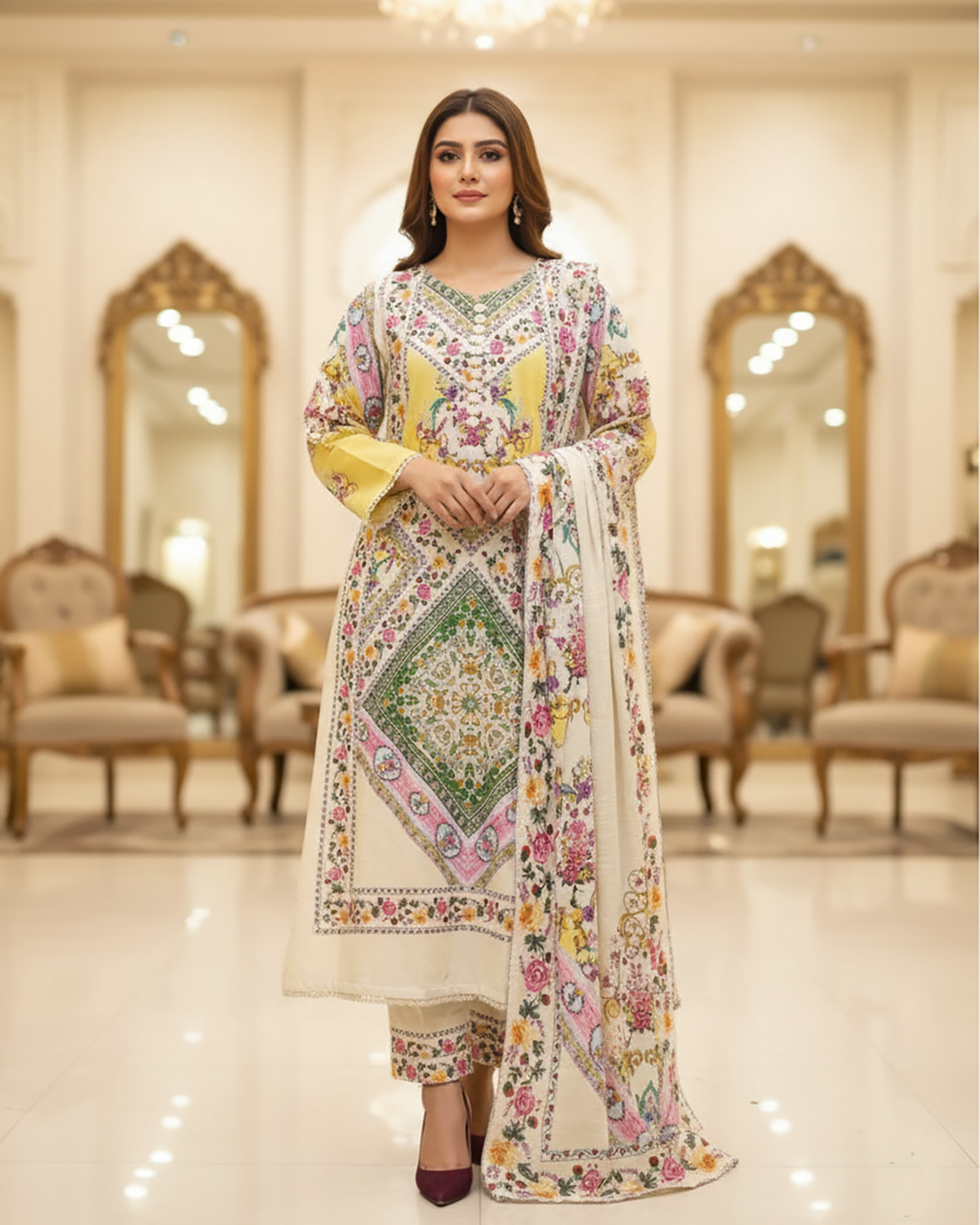 Digital Printed Three Piece | Long A/Line Shirt | Winter Khaddar