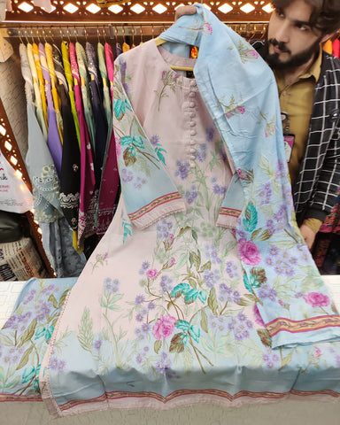 Digital Printed Three Piece | Long A/Line Shirt | Winter Khaddar