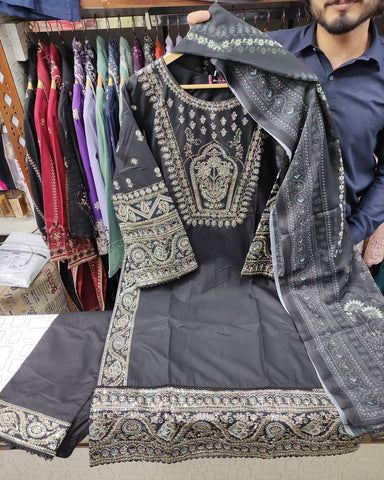 Designer Three Piece | Embroidered - Hoorain | Premium Plain Lawn