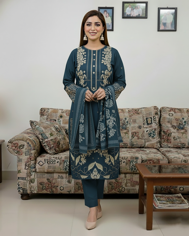 Designer Three Piece | Embroidered | Khaddar
